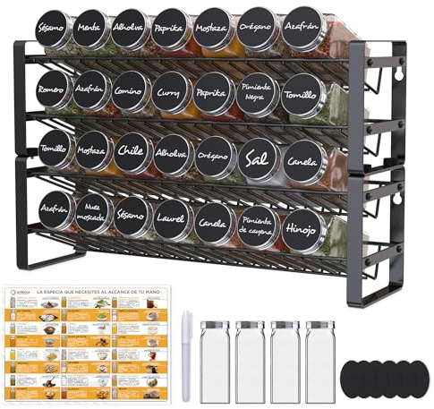 Organizador de Especias Cocina 2 Niveles Ordena 28 Frascos y 4 de Repuesto con Soporte de Metal para Pared o Encimera Incluye Rotulador Blanco, Etiquetas y Recetario Color Negro