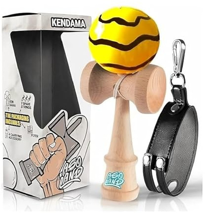ASOLAND Kendama - Giocattolo tradizionale in legno – Bilboquet giapponese per bambini e adulti – Migliora i riflessi e la destrezza – Kit completo per professionisti e principianti, giallo a righe