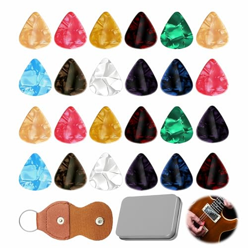 24er Set Plektrum, Plektren Plectrum mit 0.5/0.75/1.0/1.2mm in 4 verschiedenen Stärken Celluloid Guitar Picks Mehrfarben Plektren Gitarre Zelluloid Gitarren Plektrum für Akustikgitarre E-Gitarre Bass