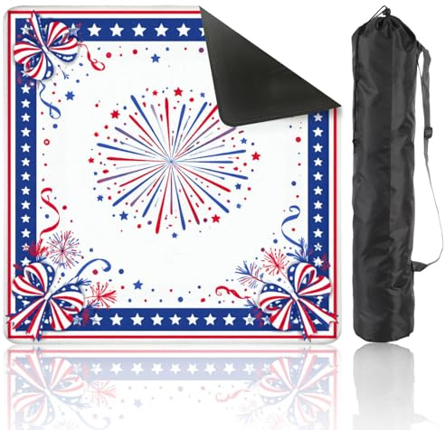 Mahjong Mat with Carrying Bag 31.5 x 31.5 Non-Slip Noise Reduction Patriotic Fireworks Frame Red White Blue Stars Ribbon Bows Table Mat for Mahjong Poker Dominoes Card Board Tile Games