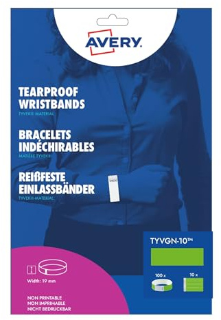 Avery TYVGN-10 Sachet de 100 bracelets papier TYVEK®, largeur 19mm Vert | 100 Bracelets en papier Tyvek® Vert Fluo