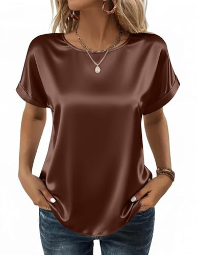 Sommartoppar för kvinnor satinblus för kvinnor elegant rund hals skjorta kortärmad silkesblusar sommar vardagliga toppar bas enfärgade t-shirts, Brun, XXL