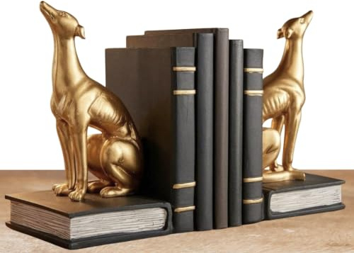 Bellaa 24209 Dekorative Buchstützen für Windhunde, Tiere, robuste Stopper, Bücherregal, Regale, Halter, Bibliothek, Regal, Trennwände, Heimdekoration, goldfarben, 17,8 cm