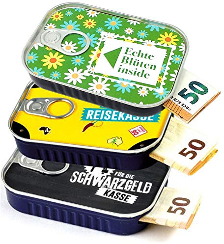 Geldgeschenke Verpackung Sardinendose Mix 4 Geld Geschenkverpackung für Reise, Umzug, Geburtstag oder als Geldgutschein | inkl Aufkleber für individuelle Botschaft | made by Scherzboutique