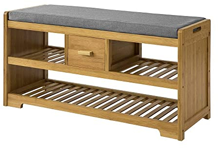 SoBuy FSR75-N Sitzbank mit Stauraum Schuhregal mit 2 Ablagen und Schublade Garderobenbank Schuhbank mit Sitzfläche Belastbarkeit 180kg Bambus BHT ca.: 91x45x34cm