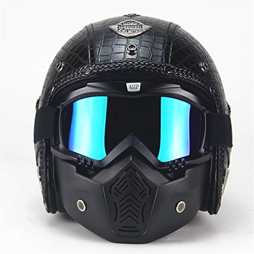 Krokodil Textur - Rollerhelm Vintage Schwarz Motorrad Jethelme Männer Retro Motorradhelm mit Visier Brille Maske, Handgemachtes PU-Leder Mofa-Helm Scooter-Helm Roller Chopper,L