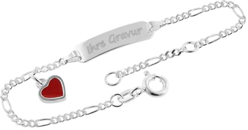 trendor Gravur-Armband für Kinder 925 Silber 14/12 cm 39528 | Gravurschmuck Baby Echtsilber, Identitäts-Armband, Figaro-Armband mit Gravur-Schild und Herz-Anhänger, inkl. Wunsch-Gravur