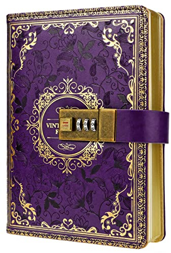 Mazeran Combination Lock Journal, Vintage Elegant Leather Hard Cover Floral Embossed Notebook Diary, 256 Pages Lined Golden Gilded Password Locking Personal Planner, Gift for Women Girls