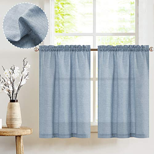 Vangao Linen Look Net Curtains Modern Kitchen Blue Bistro Curtains Set of 2 65 W x 60 cm Kitchen Curtains with Rod Pocket for Caravans Country House Style Farmhouse Curtains Short Curtain Translucent