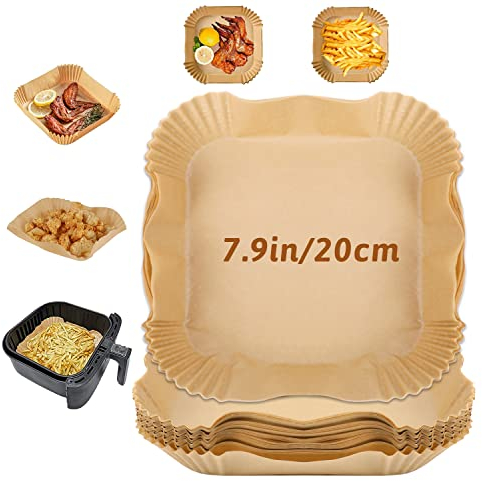 JOFONY 100 Stück Backpapier für Heißluftfritteuse,Antihaft Backpapier Wasserdicht und ölfest Quadratische,20cm Pergamentpapier Passt Für Die Meisten Marken 5.5 L Quadratische Heißluftfritteuse