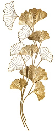 HOMCOM Decorazione Murale 3D in Metallo, Wall Art Dorata con Foglie di Ginkgo 138x70cm