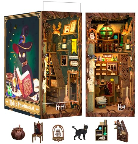 Cutefun Book Nook Kit, DIY Miniature Dollhouse Booknook for Adults, 3D Wooden Puzzle Bookend Bookshelf Insert Decor with LED Light, Gift for Craft Lovers (Magic Pharmacist)