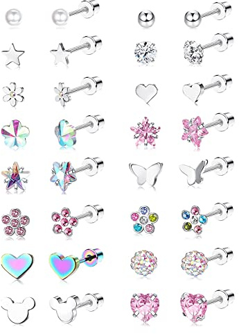 Diamday 16 Paia A Vite Orecchini per Ragazze Donne Acciaio Inossidabile Piccolo Cartilagine Orecchini a Bottone CZ Cuore Fiore Piercing Piatto Perno Orecchini Set Tragus Helix Multicolore