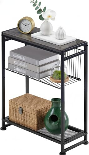 Dulcii Kleiner Beistelltisch für kleine Räume - Schmaler Beistelltisch mit Zeitschriftenhalter schmaler Beistelltisch Wohnzimmer - Skinny Nachttisch Nachttisch Schlafzimmer Dünner Beistelltisch (Grau)