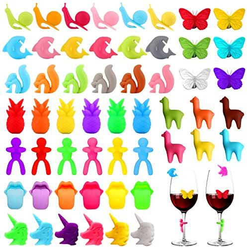 Segna Bicchieri Calici, 54 Pezzi Calici Segnabicchiere in Silicone, Bicchiere Riutilizzabili Segnabicchieri in Silicone, Colorati Segnabicchieri, Marcatori per Bicchieri Da Vino per Varie Tazze