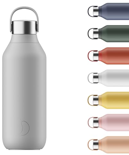 Chilly's Series 2 Water Bottle - Stainless Steel Thermal Bottles with Double Wall Vacuum, Soft Collar & Carry Loop - Granite Grey, 500ml