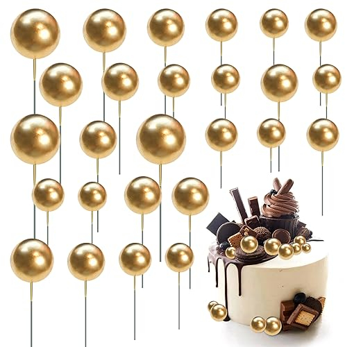 Gold Balls for Cakes, 50pcs Round Ball Cake Topper Mini Balloons Cupcake Toppers Sticks DIY Foam Golden Ball Cake Decorations for Birthday Wedding
