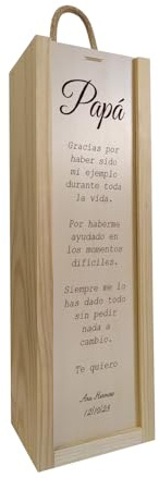 Deliex delicias de Extremadura. Regalo para padres con el mensaje que desees, caja de madera personalizada para botellas, regalo original… (1 botella)