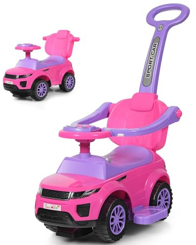 COSTWAY 3 en 1 Correpasillo para Niños, Cochecito Deslizante, Música, Luces, Almacenamiento Debajo del Asiento, Manija Parental, barandillas de Protección, Coche de Empuje (Rosa)