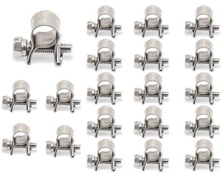 20PCS Mini Fuel Line Clamps, Adjustable 5/21-5/16 (6-8mm) Stainless Steel Injection Hose Clamp for Automotive, Marine, Plumbing Petrol Pipe