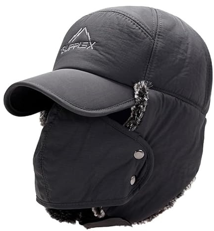 TopHomer Chapeau d'hiver style bomber avec rabat pour les oreilles et masque amovible, chaud, thermique en coton coupe-vent pour chasseur, trappeur, Gris profond, taille unique