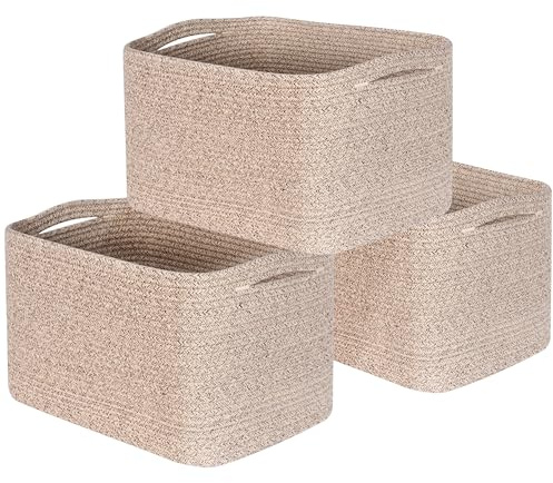 MINTWOOD Design 3-Pack Decorative Woven Storage Baskets for Shelves, Cube Bin Box for Organizing Books, Shoes, Dog Toys, Pantry Closet and Living Room Organizer, Oatmeal Brown