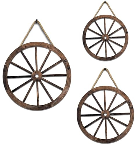 Simpls 3 Pieces Wooden Cart Wheel Wall Hanging Rustic Garden Wall for Home Garage Wheel Shaped Trailer Decoration