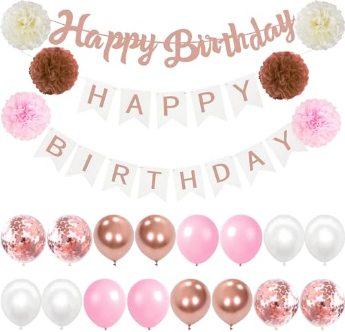 Happy Birthday Roségold Geburtstag Deko Luftballons Rosa Geburtstagdeko Seidenpapier Pompons für Geburtstag Dekoration Mädchen Jungen