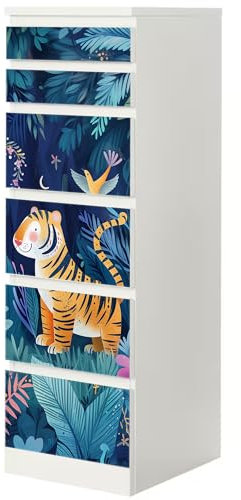 Sunnywall® Möbelfolie passend für IKEA Malm Kommode Schrankfolie Aufkleber mit Tiger im Dschungel Motiv | blasenfrei verkleben | Kinderzimmer 6er 40 cm