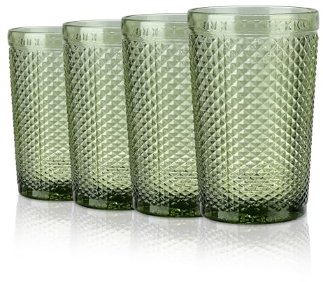Joeyan Lot de 4 verres à boire vintage verts,verres à highball en relief,verres à eau de 350 ml avec motif diamant,ensemble de verres pour jus de boissons,cocktails,bière,passent au lave-vaisselle