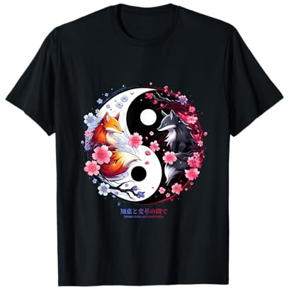 Kitsune Sakura Fleur Cerisier en Ying Yang Retro Esthétique T-Shirt