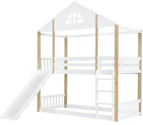 Cama Literas Infantil con tobogán, 90x20 cm, somier, protección anticaídas, Forma de casa, Madera de Pino, Color Blanco