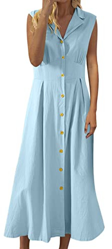 Vestido de camisa para mujer - Algodón y lino, vestido de botón funky Maxi para mujer, vestido vintage de línea A, sin mangas, vestido de verano para mujer, vestido midi con botones, vestido de ocio