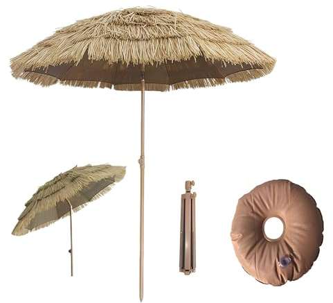 Stroh Gartenschirm, Uv-Beständig Sonnenschirm, Balkonschirm Neigbar & Höhenverstellbar, Terrassenschirm Tragbar Leicht, Rund Marktschirm Mit Stativständer Für Balkon Garten Terrasse Strand(2.20m)