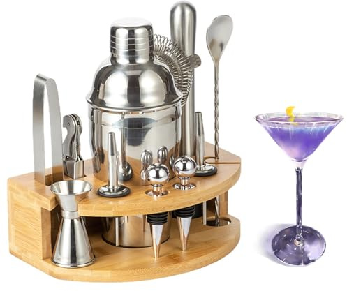 Ensemble de barman Sonhomay, 12 pièces, acier inoxydable et bambou, shaker à cocktail, martini, pilon, mélangeur, cuillère, bec verseur, cadeau pour homme et papa