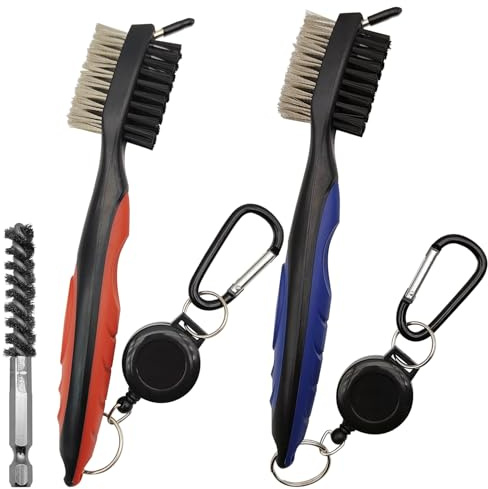 AYWFEY Golf Bürste, 2-Pack Golfschläger Reinigungsbürste Groove Cleaner & Golf Schläger Kopf Schlauchbürste, mit Einziehbarer Spike Schlüsselanhänger, für Schlägerflächen Rillen Golftasche (Rot/Blau)