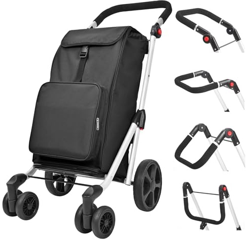 LEUYA Chariot de Courses Pliable 6 Roues Monte-Escalier, Panier en Aluminium 45L avec Sac Isotherme 8L, Caddie de Marché, Charge Max 25kg, Noir