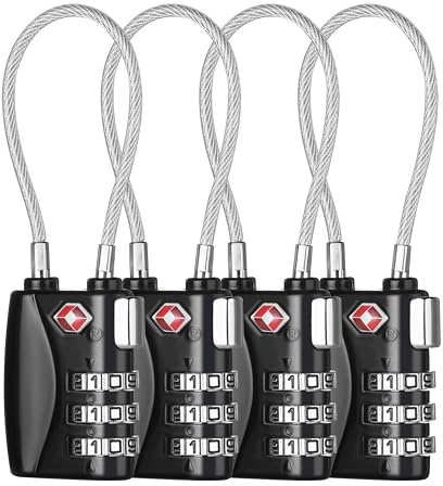 ZHEGE Suitcase Locks TSA Approved, Cable Travel Lock (Black, 4P) | 3 Digit Combination Zipper Locks for Suitcases, Baggage, Backpacks, Briefcases, Small Locker Lock for Gym, School