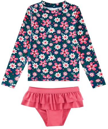 Mädchen Badeanzug Langarm Tankini UPF 50+ Sonnenschutz Mädchen Rash Guard Set 3-8 Jahre, Marine-Blume, 7 Jahre