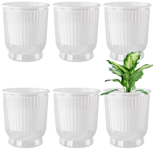 KEILEOHO 6er-Set Selbstbewässerungstopf, Self Watering Pot 12 cm, Selbstbewässernde Blumentöpfe Weiß, Transparent Kunststoff Pflanzentöpfe Pflanzgefäße Blumentopf Pflanzentopf für Pflanze