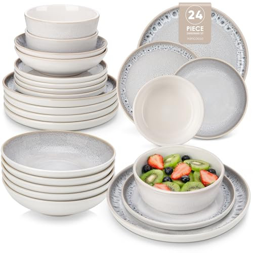 Geschirrset 6 Personen, vancasso SNOW Steingut Geschirr set 24tlg für 6 Personen, Tafelservice mit Teller set, Suppenteller, Schalen & Salattellern, Spülmaschinenfest, Mikrowellengeeignet
