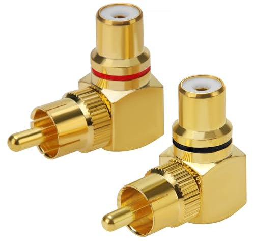 KUOQIY 2 PCS 90 Degree RCA Adapter, Gold-Plated Right Angle RCA Male to Female-Adapter, for Stereo Audio Connection, Red/Black