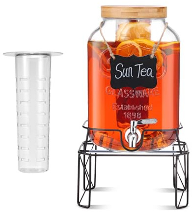 MallCreaty 7.6L Getränkespender mit Ständer, Getränkespender aus Glas mit Edelstahlzapfhahn und Bambusdeckel, Limonadenspender, Getränkespender aus Glas für Partys, Hochzeiten