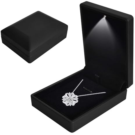 Colexy Smyckeslåda med LED-ljus, Smyckeslåda med Veloutfodral, Smyckeslåda med Hängsmycke, för Förlovning, Bröllop och Födelsedag, 7*9*3,3cm, Svart