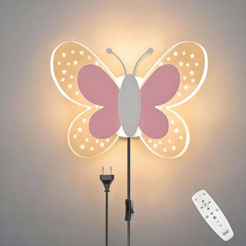 LOGT LED Butterfly Wandleuchte mit Stecker Kabel Kinder Wandlampe Dimmbar mit Fernbedienung Innen Nachttischlampe Modern Dekoration Kinderzimmerlampe mit Schalter Butterfly Lampe Jungen Mädchen 12W