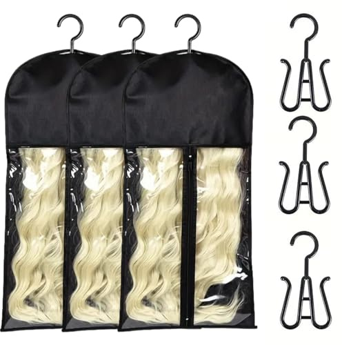 Alfven Perücken Aufbewahrungstasche, 3 Stück Perücken-Staubbeutel Perücken-Aufhängetasche Perücken-Display-Tasche mit Aufhänger für Damenhaar (Schwarz)