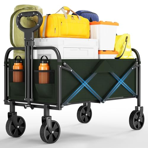 Bollerwagen faltbar XL, Strandwagen Tragkraft bis 172KG, Klappbarer Handwagen mit 360°drehbare Räder für alle Gelände, ideal für Camping, Picknick, Einkaufen, Garten und Sport (Grün)