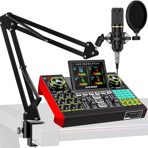 Podcast Equipment Bundle with 3.5mm Condenser Microphone for Pc/Phone Live Streaming Singing Gaming, Podcast Microphone Bundle with Live Sound Board Audio Mixer Denoise,DJ Sets