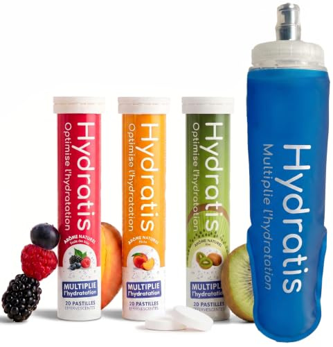 HYDRATIS - Pack 3 Tubes de Pastilles Effervescentes avec Electrolytes + Flasque 500 ml Bleu - Optimise l'Hydratation - Fruits des Bois + Pêche + Kiwi