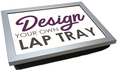 Personalised Photo Lap Tray with Cushion. Handmade in UK. Wooden Frame with Choice of Base Colours, Lap Desk for Serving Food, Laptop Knee Table (Silver Frame Black Cushion Base)